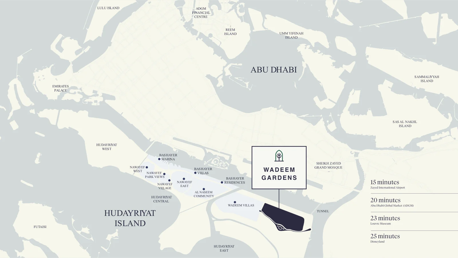 Map of Hudayriyat Island and Abu Dhabi showing the Wadeem Gardens site and neighbouring communities